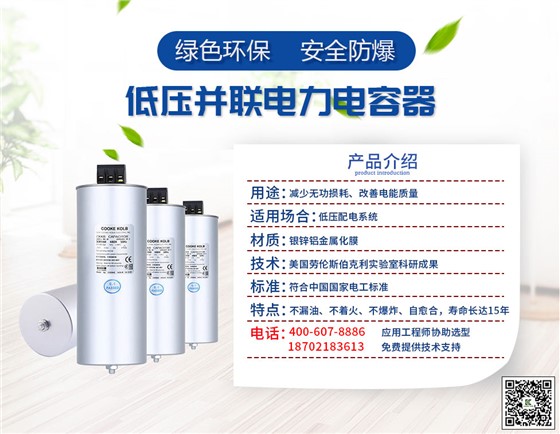 CKKB系列電力電容器采用金屬化聚丙烯薄膜卷制而成，特殊噴金工藝，圓柱型鋁外殼結(jié)構(gòu)，保證性能和質(zhì)量的穩(wěn)定。在電力系統(tǒng)中能提高有效功率，降低無功損耗，進(jìn)行無功補(bǔ)償（用于低壓設(shè)備的功率因數(shù)較正和電壓波形的改善），節(jié)約電力能源。根據(jù)場合不同又分為單相電容器和三相電容器。