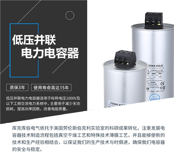 低壓并聯(lián)電力電容器適用于標稱電壓1000V及以下工頻交流電力系統(tǒng)中，主要用于減少無功損耗，提高功率因數(shù)，改善電網(wǎng)質量。產(chǎn)品是在百級凈化、真空操作環(huán)境下制造，采用銀鋅鋁聚丙烯金屬化膜，使用美國勞倫斯伯克利實驗室的科研成果，嚴格按照IEC60831-2014及GB/T12747-2017進行生產(chǎn)，確保電力電容器安全穩(wěn)定，正常使用壽命可達15年以上器