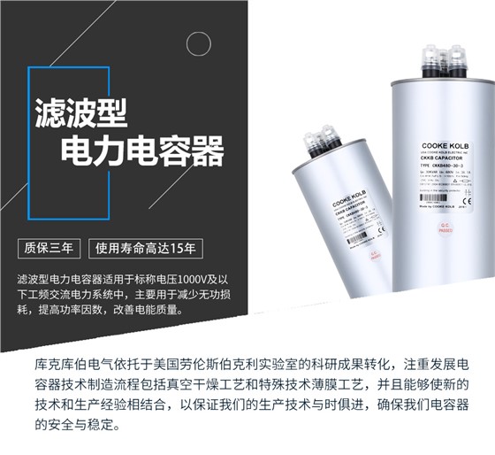 濾波型電力電容器適用于標稱電壓1000V及以下工頻交流電力系統(tǒng)中，主要用于減少無功損耗，提高功率因數(shù)，改善電網(wǎng)質(zhì)量。產(chǎn)品是在百級凈化、真空操作環(huán)境下制造，采用銀鋅鋁聚丙烯金屬化膜，使用美國勞倫斯伯克利實驗室的科研成果，嚴格按照IEC60831-2014及GB/T12747-2017進行生產(chǎn)，確保電力電容器安全穩(wěn)定，正常使用壽命可達15年以上