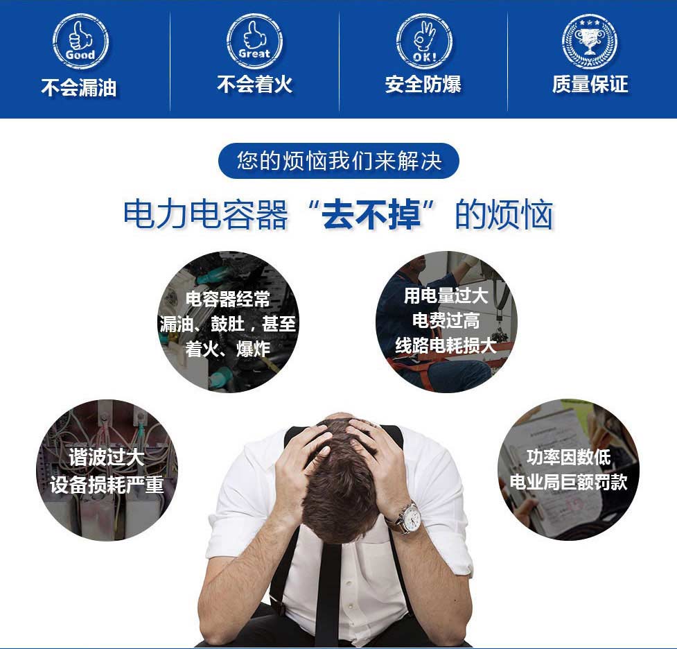 您的煩惱我們解決：低壓并聯(lián)電力電容器經(jīng)常會出現(xiàn)漏油，鼓肚，甚至著火，爆炸；諧波過大，導(dǎo)致設(shè)備損耗嚴(yán)重；用電量過大，電費過高，線路損耗大；功率因數(shù)達不到，電業(yè)局巨額罰款等一系列問題。