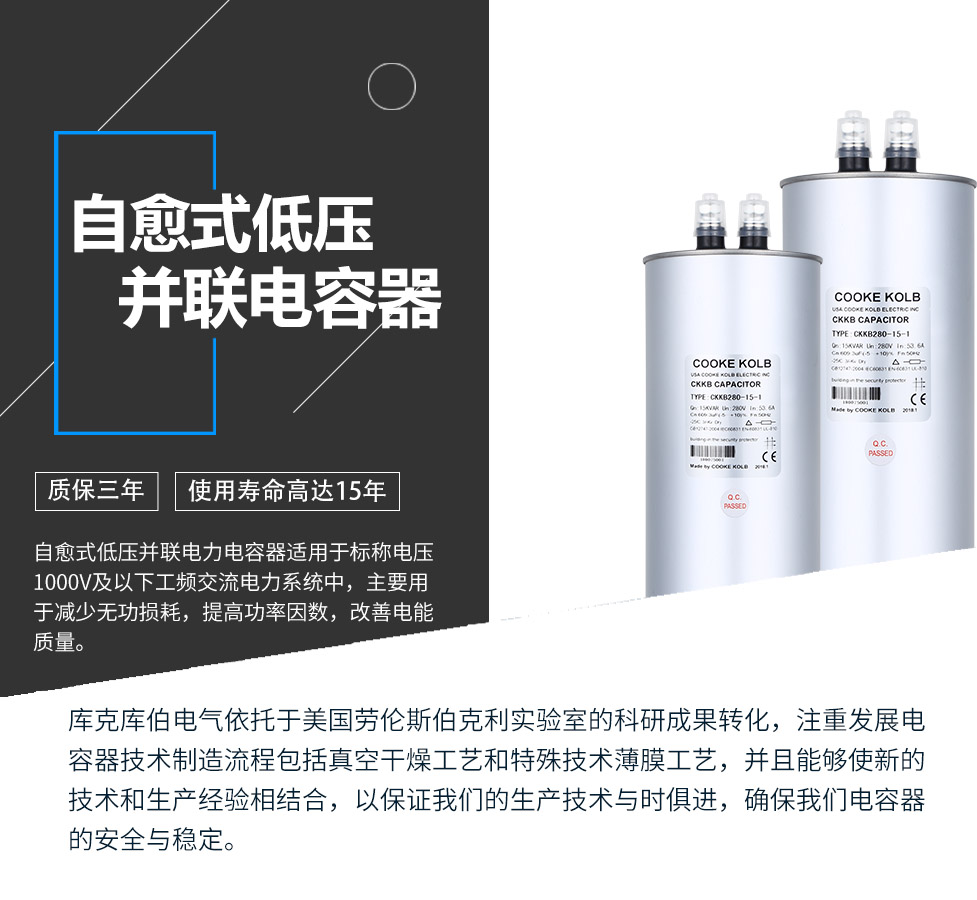 自愈式低壓并聯(lián)電容器適用于標(biāo)稱(chēng)電壓1000V及以下工頻交流電力系統(tǒng)中，主要用于減少無(wú)功損耗，提高功率因數(shù)，改善電網(wǎng)質(zhì)量。產(chǎn)品是在百級(jí)凈化、真空操作環(huán)境下制造，采用銀鋅鋁聚丙烯金屬化膜，使用美國(guó)勞倫斯伯克利實(shí)驗(yàn)室的科研成果，嚴(yán)格按照IEC60831-2014及GB/T12747-2017進(jìn)行生產(chǎn)，確保電力電容器安全穩(wěn)定，正常使用壽命可達(dá)15年以上